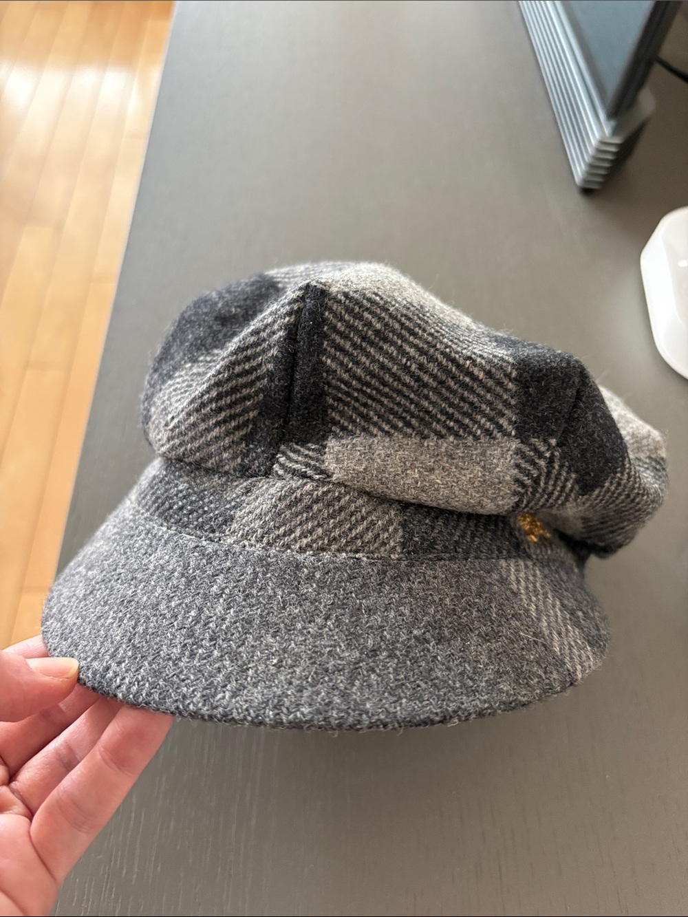 Burberry Gray Plaid Wool Baker Cap with Gold Accent, Women